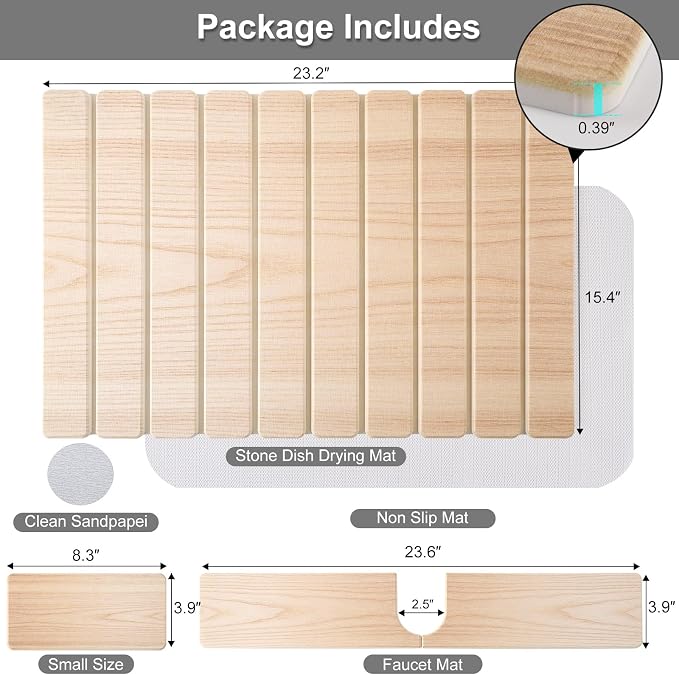 Diatomaceous Stone Drying Mat for Kitchen Counter with Sink Faucet Mat, Wooden Parrten Design Absorbent Quick Dry Dish Drying Mat Set, Diatomite Stone Slat Countertop Pad for Dishes, Cups
