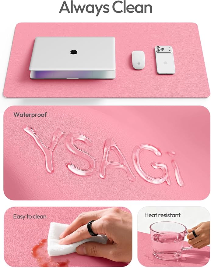 YSAGi Leather Desk Protector, Office Mat, Large Mouse Mat, Non-Slip PU Leather Blotter, Laptop Desk Mat, Waterproof Writing Pad for Office and Home(Pink, 63" x 17.2")