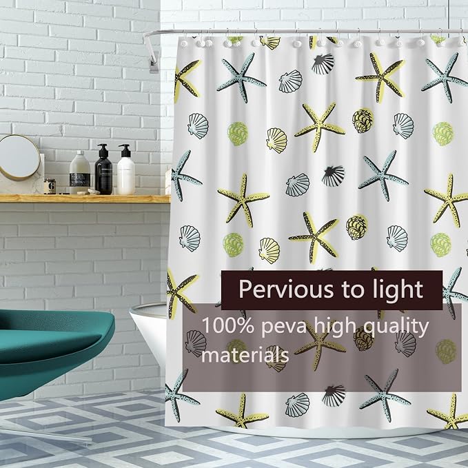 TIKABC Shower Curtain Liner, 4G PEVA Starfish Shower Liner, Plastic Waterproof Shower Curtains, 72x72 inch with Grommet Holes 3 Magnetic Weights