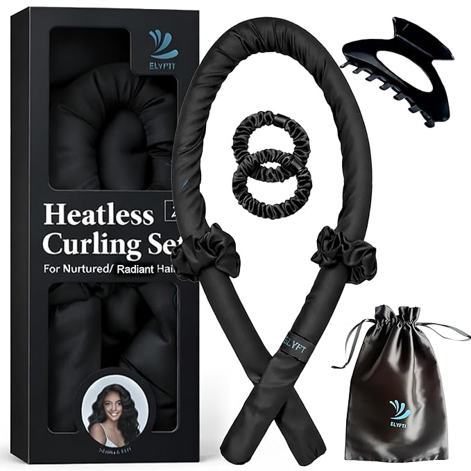 Heatless Curlers, No Heat Curls Overnight, Black Satin Flexi Rod with 6pcs Heatless Curling Set, 2 Scrunchies, 2 Hair Ties, Carry Pouch, Clip for Overnight Hair Curler (Black, All Size)