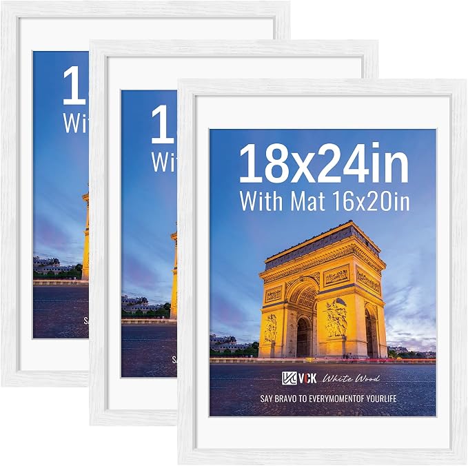 VCK 18x24 Frames White 3 Pack, Wide Border Wood, Display 16x20 Picture Photo with Mat or 18 x 24 without, for Home, Office, Gallery, Woodgrain Series, Wall Hanging