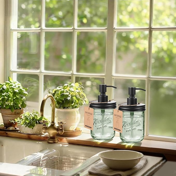 SheeChung 16Oz Mason Jar Green Glass Soap Dispenser, Stainless Steel Pump, Refillable Dish soap Dispenser for Kitchen, Bathroom Hand Soap Dispenser for Lotion, Liquid, Farmhouse Decor (Black, 2 Pack)