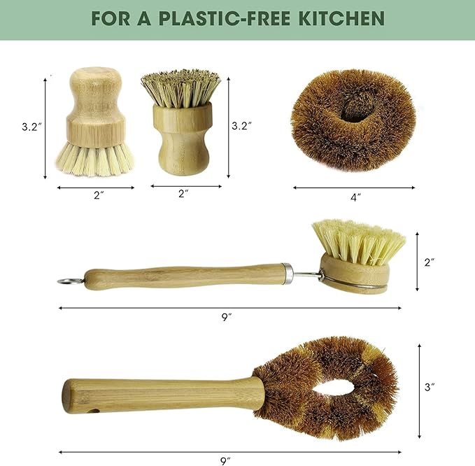 5 Pieces Bamboo Dish Brush Set for Eco-Friendly Home - Wooden Dish Scrubbers, Sustainable Kitchen Cleaning Set, Natural Bristle Dish Brushes for Pots Pans Bottles