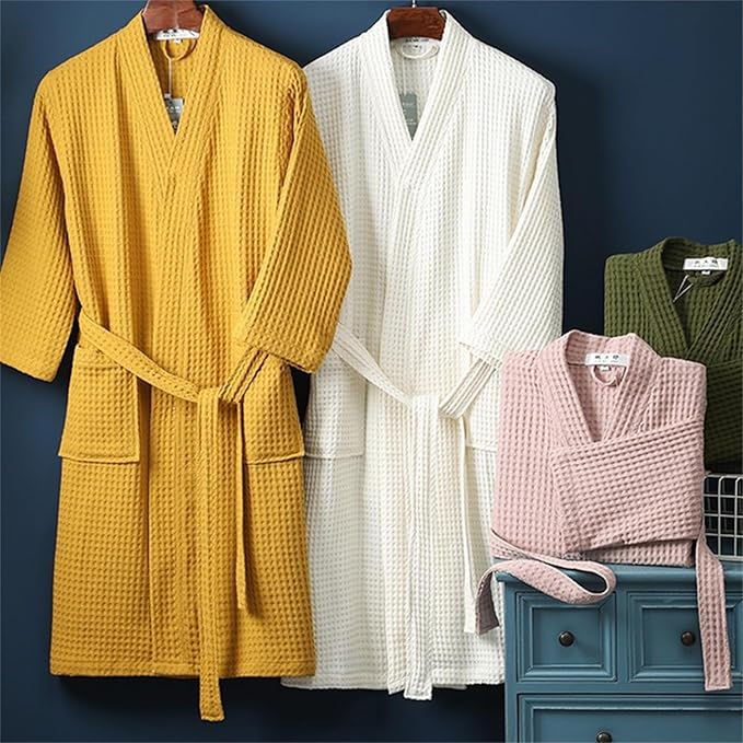 Waffle Bathrobe for Men Women, 100% Cotton Kimono Robes with Pockets & Belt, Soft Absorbent Knee-Length Robe for Bath Spa