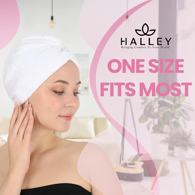HALLEY Cotton Hair Towel Wrap (3 Packs) Super Absorbent Fast Drying Hair Towel for Thick Hair Turbans for Wet Hair with Button (White)