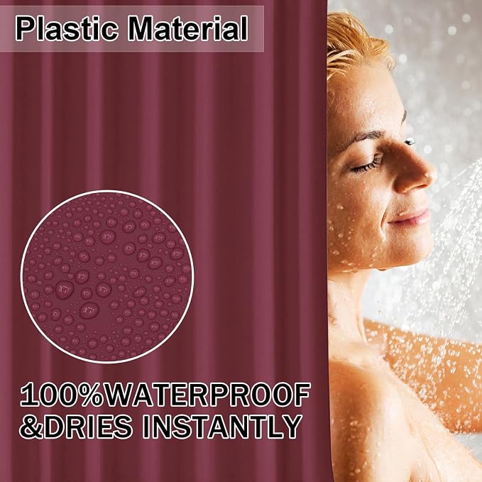 timecity Dark Red Shower Curtain Liner with 3 Magnets Plastic Shower Curtain Thickened Waterproof Quickdrying Shower Curtain Set with 12 White Plastic Hooks Shower Liner for Bathroom Shower,71x71inch