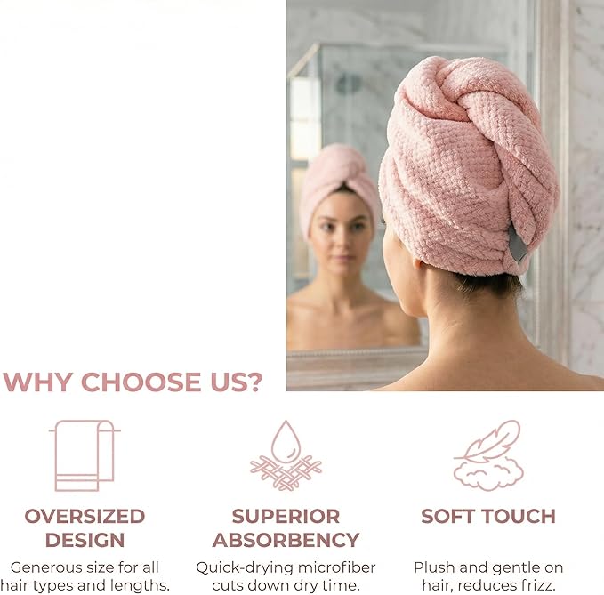 Lightweight 90g Microfiber Hair Towel Wrap, Super Absorbent Quick Drying Hair Turban for Long Curly Hair, Thick Lint Free Hair Drying Cap for Women (Blue + Pink)
