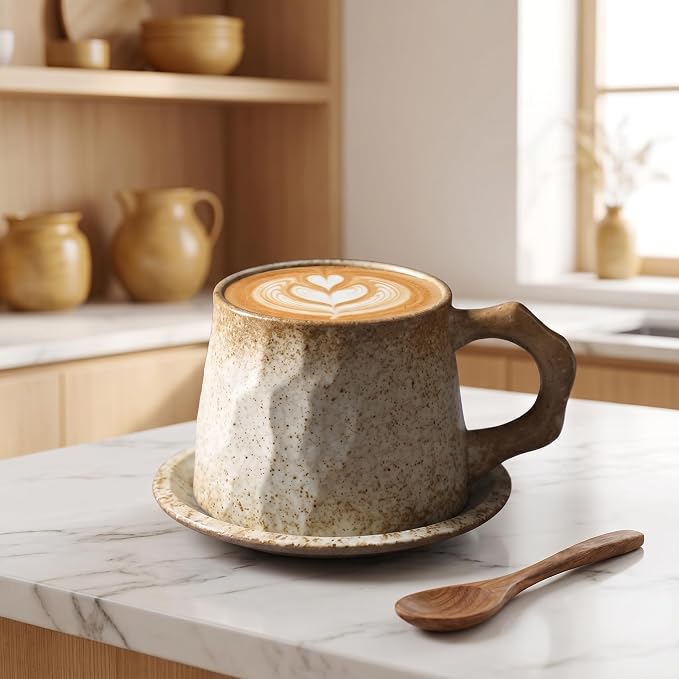 Vintage Faceted Speckled Ceramic Coffee Mug with Saucer, Rustic Stoneware Cup for Tea Latte (YF-CS03)