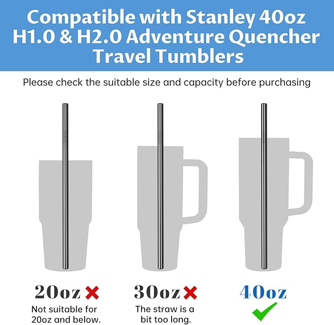 Tomorotec 8-Pack Stainless Steel Straws Fit for Stanley Tumbler 40oz, 12" Metal Straws Fit for Stanley Cup with Brush, Reusable Drinking Straws for Smoothies, Dishwasher Safe and BPA-Free (Black)