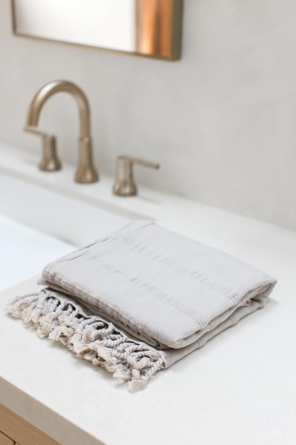 InfuseZen Stonewashed Turkish Cotton Bath and Beach Towel - Beige | 100% Organic, Thin, Soft, Lightweight, Absorbent, Quick-Drying, Large Peshtemal, Sand-Resistant for Shower, Pool, Spa, Travel