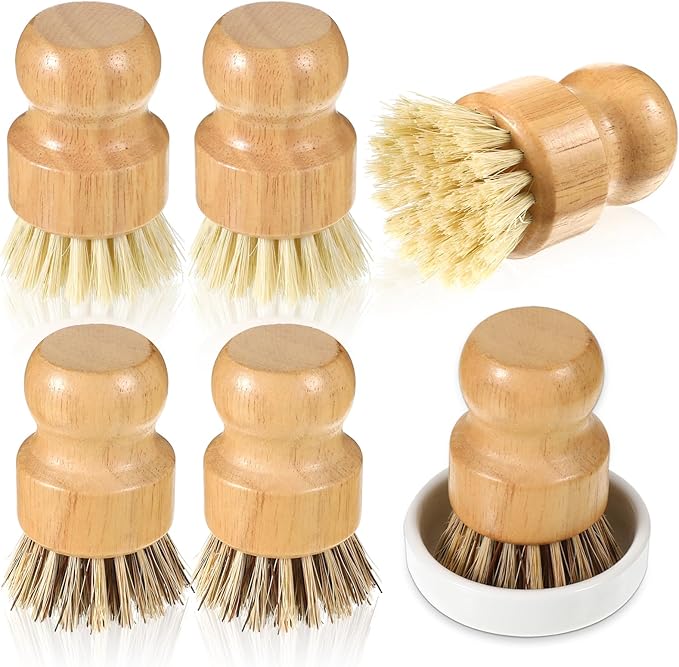7 Pcs Bamboo Scrub Brushes Set, Kitchen Dishwashing Scrubber with Natural Sisal/Palm Bristles, Round Mini Dish Brush with Ceramic Holder, for Kitchen Sink Pans Pots Vegetables Cleaning