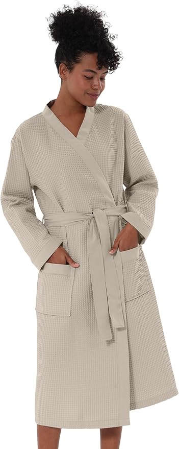 SEYANTE Women's Organic Cotton Waffle Kimono, Hooded Robe – GOTS Certified Lightweight Full-Length Spa Bathrobe with Piping