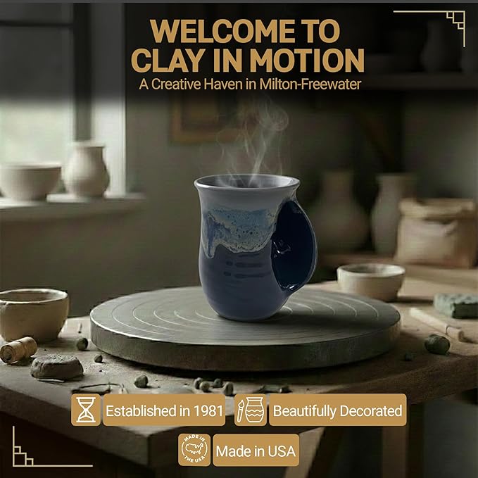 Clay in Motion Hand Warmer Coffee Mug – Handmade Coffee Mug With Comfortable Handle Contoured Pocket Hand Warming Ceramic Coffee Mug – Proudly Made in USA – Right Handed – 14 Oz - Stormy Night