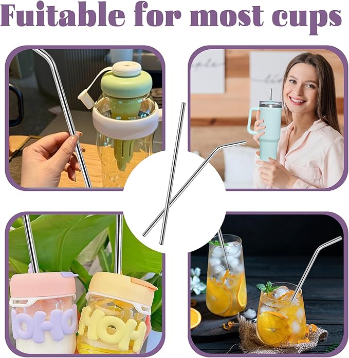 Premium Stainless Steel Straws for Stanley Cup, 12.2 Inch Long, 8mm Wide, 5 Pack Metal Replacement Straws with Cleaning Brush, Smooth Finish for Cold Drinks