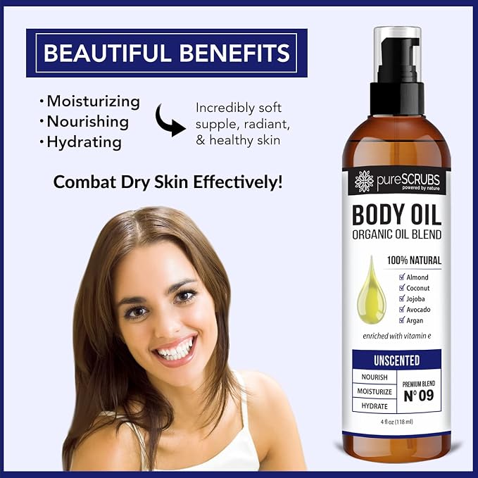 pureSCRUBS Ultra Moisturizing Unscented Body Oil for Dry Skin, 4 oz | Fragrance Free, After Shower Body Oil for Buttery Soft Glowing Skin, Non-Greasy Vitamin E Blend for Bath, Massage & Cuticles