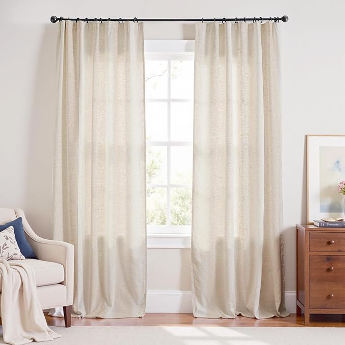 jinchan Beige Linen Blend Curtains 90 Inches Length 2 Panels for Bedroom Living Room, Light Filtering 60 Inches Wide Natural Farmhouse Drapes with Rod Pocket Back Tab (60W x 90L, Ecru)