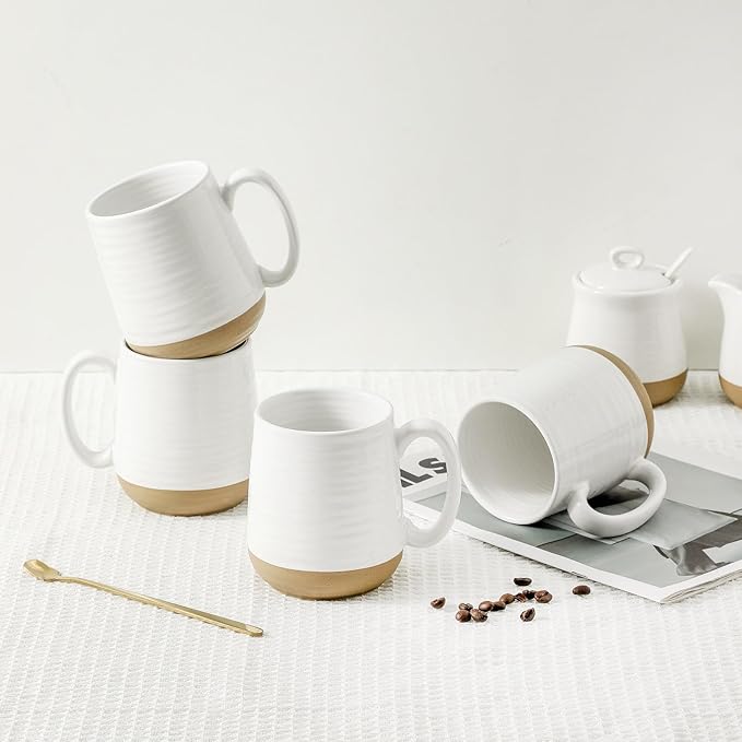 HASENSE Coffee Mugs Set of 4, 15oz Ceramic Coffee Cups with Handle, Two-Tone Design for Cappuccino Latte Tea, Large Microwave Dishwasher SafeMug Set, Housewarming Gift, Creamy White
