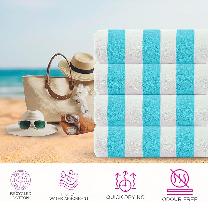 CASA COPENHAGEN Cabana Beach Towel Designed in Denmark Rough and Tough, Quick Dry, Beach, Pool, Bath & Shower 30x60 inches 4 Pieces Cotton Beach Bath Towels Set - Water Blue