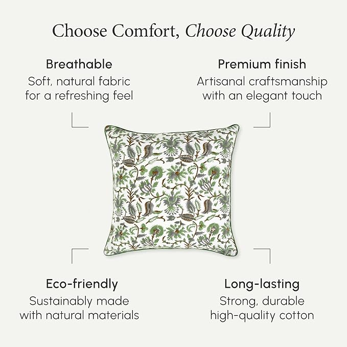 CPC 100% Cotton Throw Pillow Covers 18x18 Inch, Set of 2 Green Block Print Pattern Couch Pillow, Cute Boho Decorative Pillows for Living Room, Bedroom with Hidden Zipper- Mint Leaf
