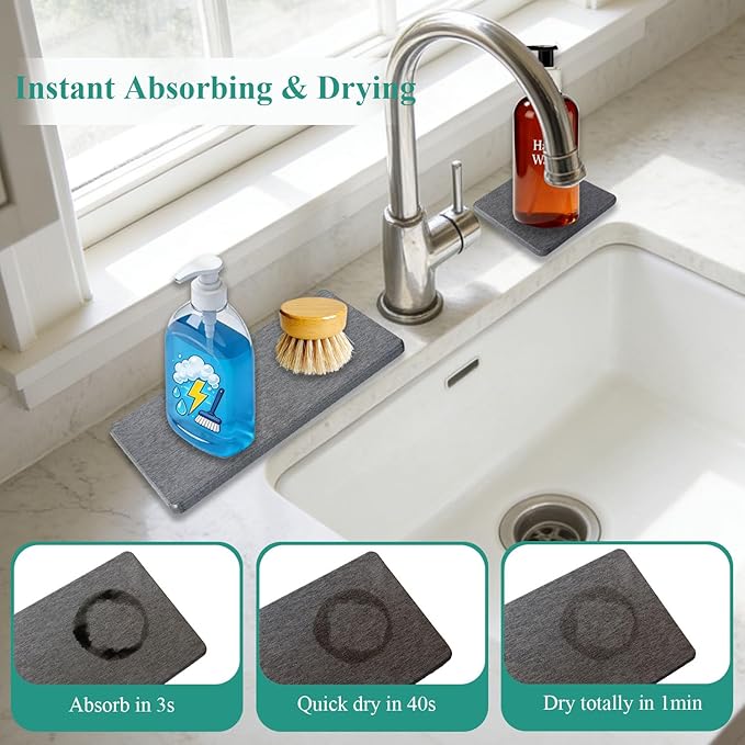 3PCS Water Absorbing Stone Tray, Drying Neat Diatomite Stone Sink Tray, Instant Dry Sink Coasters, Kitchen Sponge Hand Soap Holder, Countertop Fast Drying Counter Trays