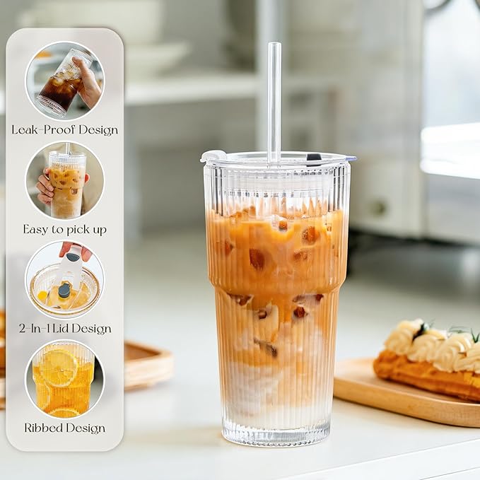 KEMORELA 6-Pack 20 oz Ribbed Glass Tumblers with Lids and Straws – Vintage Iced Coffee Cups, Reusable Smoothie & Cocktail Glasses, Durable Clear Glassware for Home, Cafe & Party Use