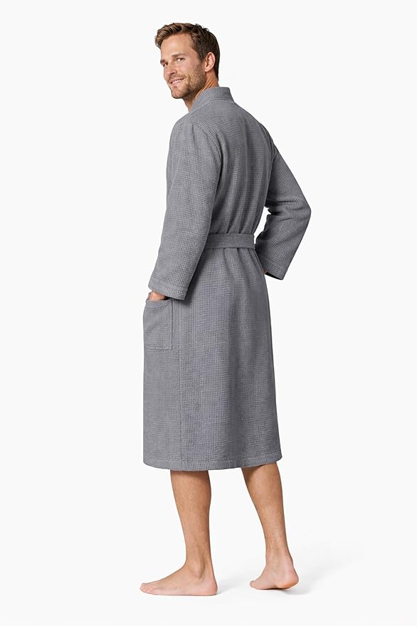 Turkish Linen Men’s Waffle Bathrobe Lightweight Kimono Spa Robe – Quick Dry Bath & Shower Robe for Men with Pockets