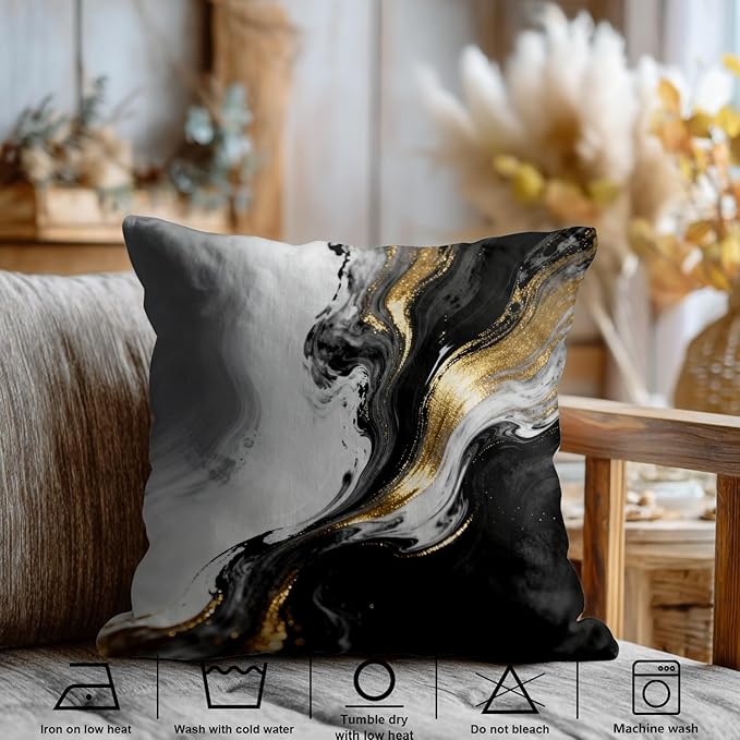 Shrahala Black and White Decorative Throw Pillow Cover, Abstract Hand Black and White with Gold Close Square Pillowcase Blended Double-Sided No Inserts for Bedroom Living Room Set of 2 (24 X 24 in)