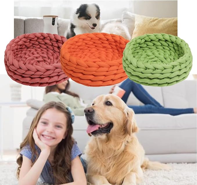 Woven Dog Bed Basket, Knitted Cotton Cat Bed Round Washable Woven Cat Pet Bed Chunky Dog Basket, Orthopedic, Chunky Knit Dog Nest,Dog Bed,Dog Cave,Dog Bedding(Pink,21")