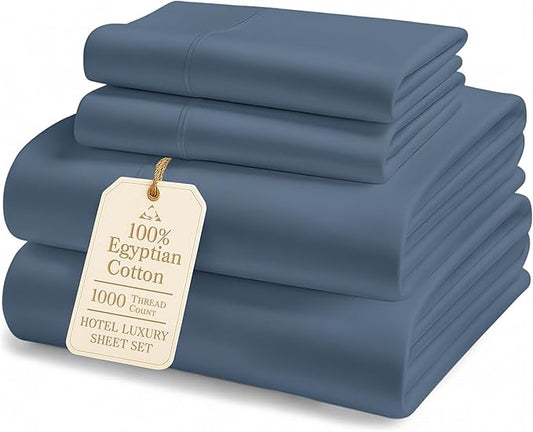 100% Egyptian Cotton Queen Bed Sheets Set - 1000 Thread Count Autthentic Long Staple Cotton Bed Sheets, Breathable Winter Comfort, Ultra-Soft Hotel Luxury Comfort with 15" Deep Pocket - Estate Blue