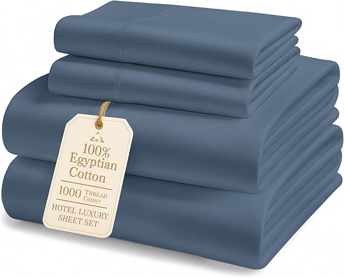 LANE LINEN 100% Egyptian Cotton Bed Sheets Full Size - 1000 Thread Count, Long Staple Mercerized Cotton Bedding Sheets, Luxury Hotel Like Thick 15" Deep Pocket, Reinforced French Seams - Estate Blue