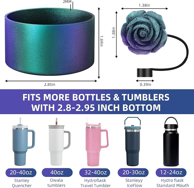Gradient Silicone Boot and 2 PCS 10MM Glitter Straw Cover, Anti-Slip Sleeves Bottom Protector Compatible with Stanley Cup 20 30 40 Oz Water Bottle 2.8-3IN Base Tumbler Accessories Women Gifts