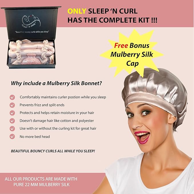 Sleep ‘N Curl - 100% Pure Mulberry Silk - Heatless Hair Curler KIT with Pure Silk Cap (Bonnet)