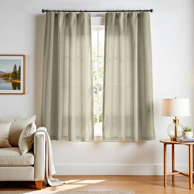 jinchan Linen Curtains Sage Green Semi Sheer Curtains 72 inch Length for Living Room Bedroom Neutral Farmhouse Cottage Core Home Office Light Filtering Privacy Drapes Rod Pocket Back Tab 2 Panels