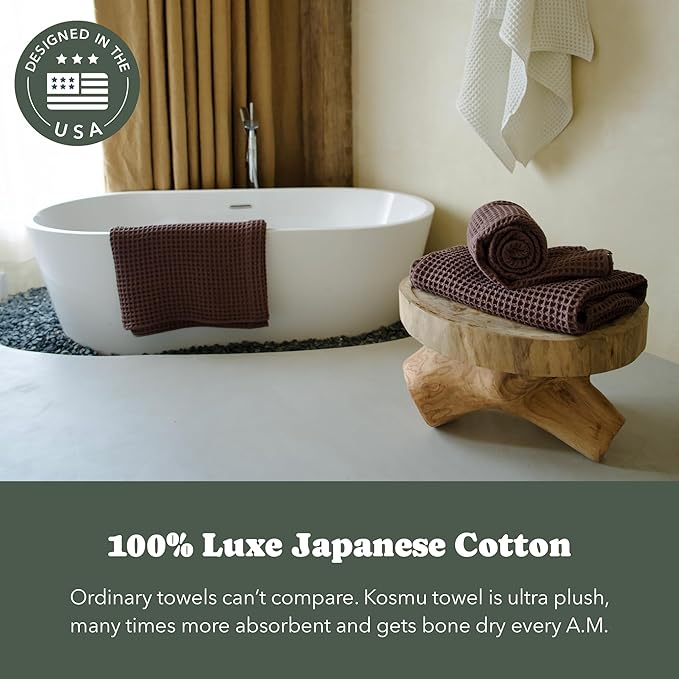 Luxury Organic Japanese Cotton Waffle Bath Towel | Thick, Absorbent, Quick Dry Bathroom Towels for Shower, Sauna, Onsen| Hotel & Spa Quality, Gift-Ready (Dark Cocoa, Bath Towel Set (3-Piece))