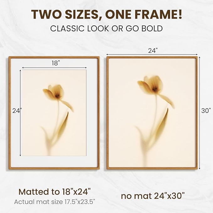 24x30 Poster Frame, USA-Sourced Teak Wood Frame Wall Mounted, 24x30 Picture Frame with Real Glass, 24 x 30 Picture Frame Matted to 18x24 Photo for Vertical & Horizontal Hanging, 1 Pack
