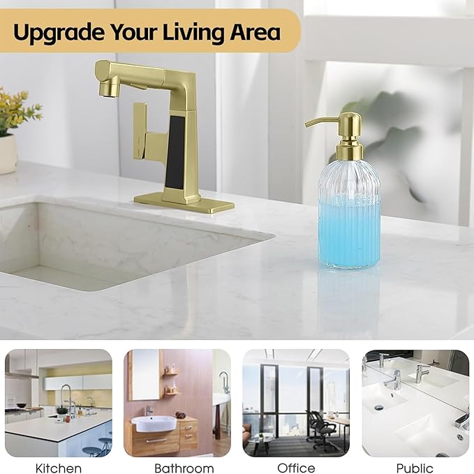 Gold Refillable Glass Kitchen Soap Dispenser,16oz Bathroom Soap Dispenser with Vertical Strip,Golden 304 Stainless Steel Pump Head, Clear Thick Glass,for Modern Home Decor, Countertop, Hotel