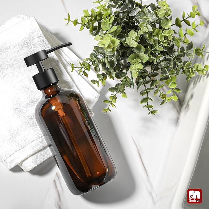 GMISUN Amber Glass Soap Dispenser, 1 Pack Dish Soap Dispensers for Kitchen with Rustproof Stainless Steel Pump, 17 Fl Oz Bathroom Hand Soap Dispenser, Brown Liquid Dishwashing Dispensers Bottle