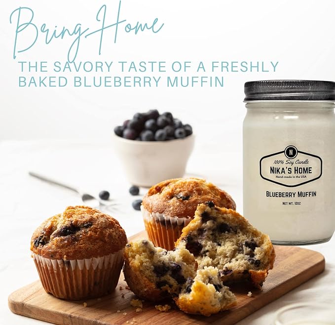 Nika's Home Blueberry Muffin Soy Candle - 12oz Mason Jar - Non-Toxic - Hand Poured in The USA, Long Burning 50-60 Hours Highly Scented All Natural, Clean Burning