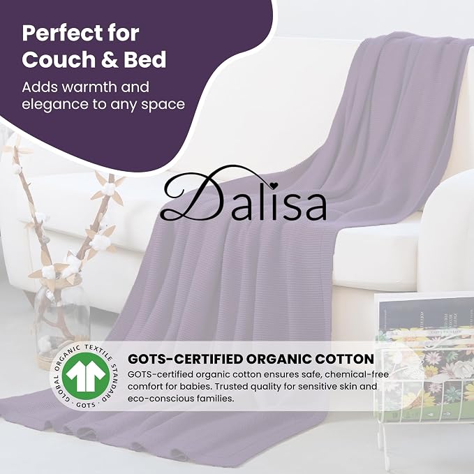Dalisa 100% Organic Turkish Cotton Throw Blanket - GOTS Certified, Cozy - Perfect for Couch, Bed, and Home Decor - Boho Vintage Knit Alina (Sweet Grape, 60x80)