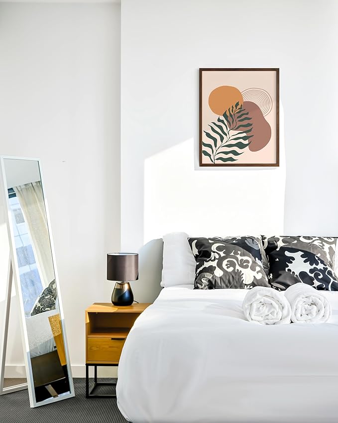 Boho Monstera Leaf Wall Art Abstract Sun Earth Tones Terracotta Mid Century Modern 16x20 Inch Oak Wood Walnut Framed Minimalist Botanical Print for Living Room Office