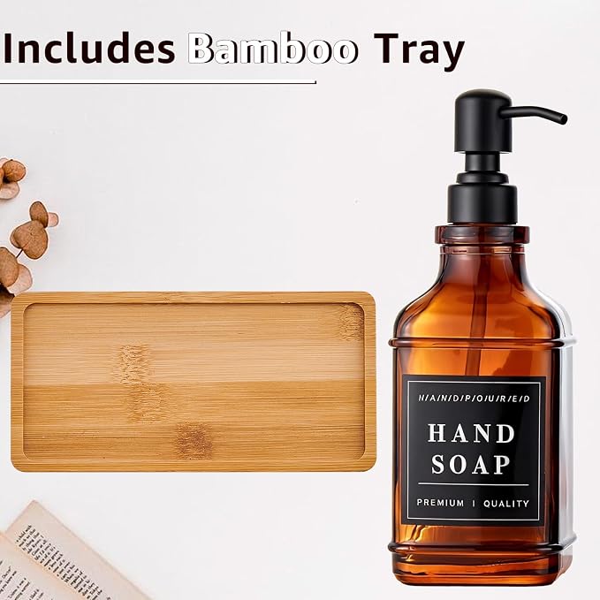 Amber Glass Soap Dispenser with Pump,Tray,Funnel, Countertop Soap and Lotion Dispenser Set of 2 with 60 Stickers, Dish and Hand Soap Dispenser Bottle for Kitchen,Bathroom,Shower,500ml/16.9oz
