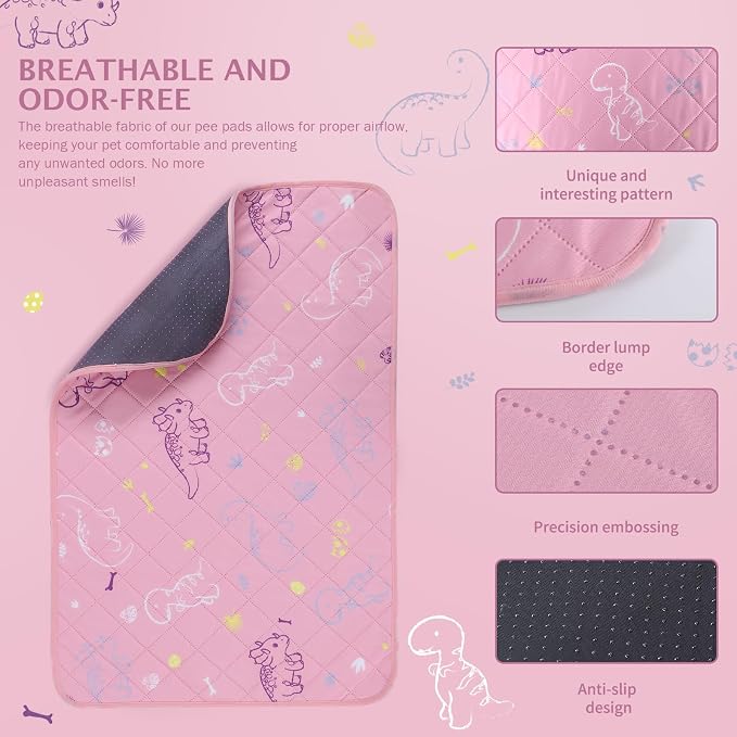 IEUUMLER Washable Pee Pads for Dogs, 2 Pack Non-Slip & Waterproof Whelping Pad, Reusable Puppy Potty Training With Fast Absorbent for Playpen EU007 (Pink Dinosaur, 31"X36"-2pcs)
