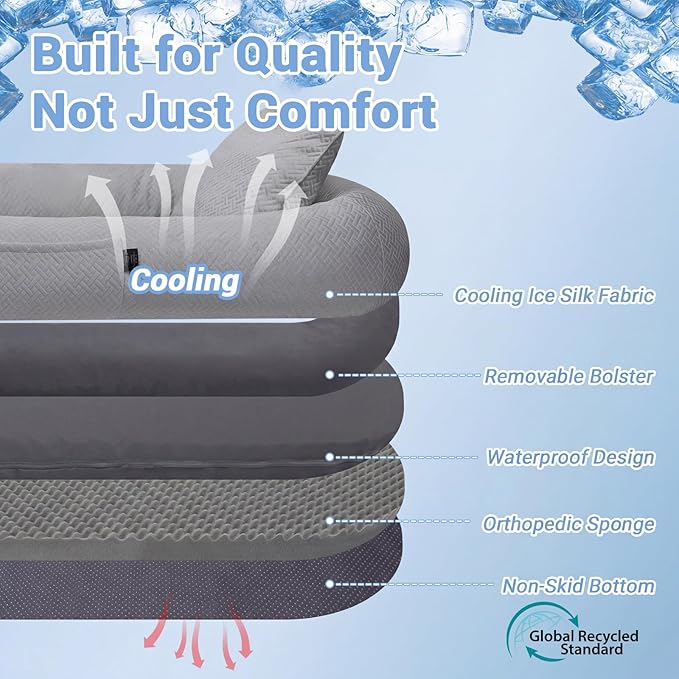 WROS Cooling Human Dog Bed for Summer, Breathable Washable Floor Lounger for People & Pets, 65"x36"x11", Glacier Grey, Pet Bed for Hot Weather Relaxing