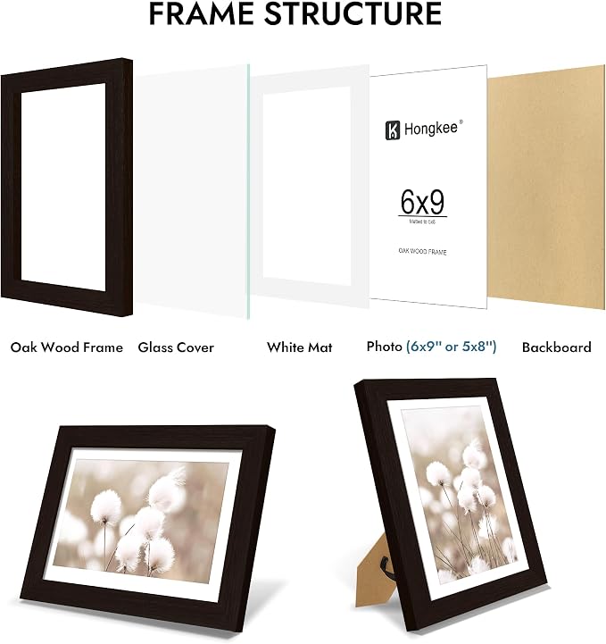 Hongkee 6x9 Oak Wood Picture Frame, Display Photos 5 x 8 with Mat or 6 x 9 without Mat - Tempered Glass Cover, Horizontal and Vertical Display for Wall or Tabletop (Black, Set of 1)