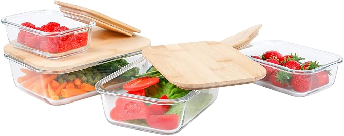 axentia Glass Food Storage Containers Set of 4 Transparent Wood