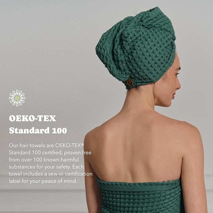Luxury Organic Japanese Cotton Hair Drying Waffle Towel Wrap for Women | Absorbent, Quick-Dry Head Turban for Shower, Sauna, Spa | Extra Large for Long, Curly, Straight Hair With Button (Green, 1 Pc)