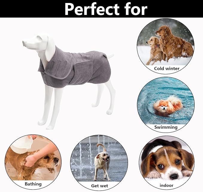 Geyecete Dog Drying Coat - Fast Drying Dog Bath Robe Towel - Microfibre Super Absorbent, Luxuriously Soft - Gray - S