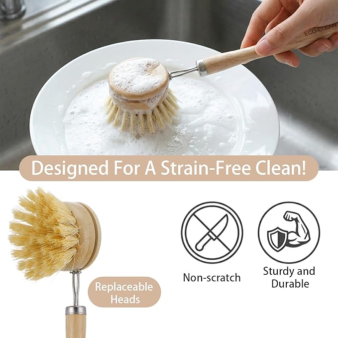 7-Piece Bamboo Dish Brush Set, Natural Kitchen Scrub Brush Kit with Wooden Handle for Pots, Pans, Vegetables, Eco-Friendly Cleaning Tools