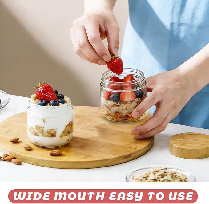 Wresty Empty Clear Glass jars with Airtight Lids Overnight Oats Containers Glass Food Storage Containers Glass Mason Jars For Yogurt Snacks Spice Sugar Jam And More (4 Pcs Bamboo Lids, 300ml/10oz)