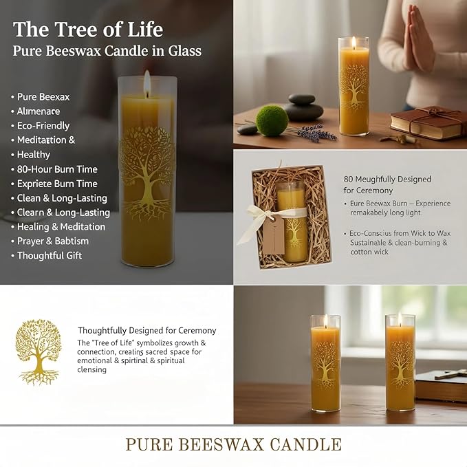 The Tree of Life Pure Beeswax Candles, Single Glass Pack - 240-Hour Burn Time, Clean Burning Long-Lasting Eco-Friendly Candle for Meditation, Prayer & Gift Giving